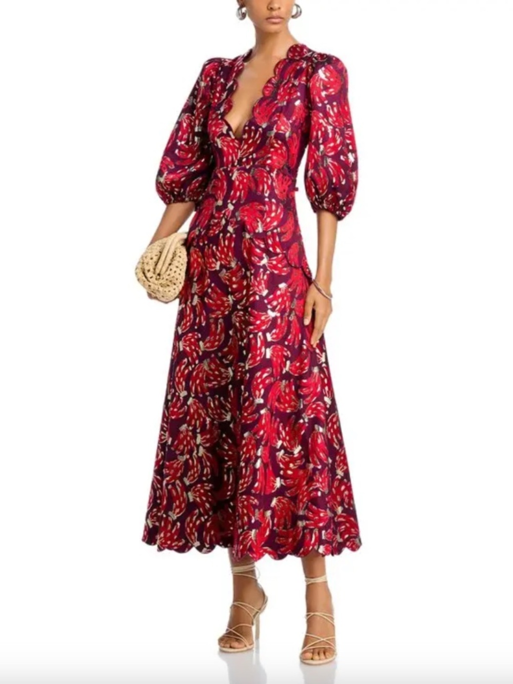 Farm Rio BOSSA Banana Metallic Midi Jacquard Dress Burgundy Red SMALL - w/ tags